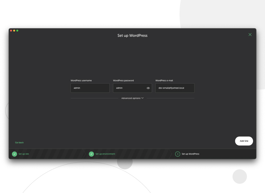 A screenshot shows the three sections that you have to complete to set up WordPress. The sections are: WordPress username, WordPress password and WordPress e-mail