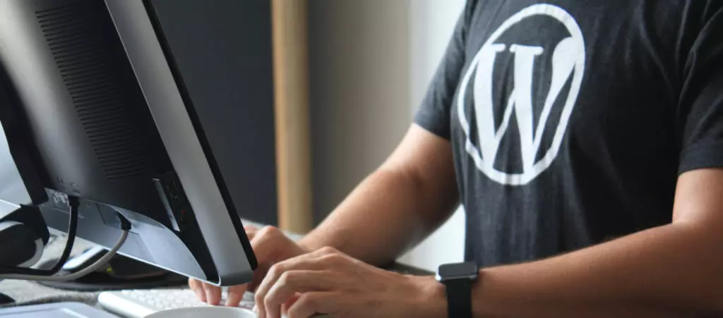 Man with a WordPress t-shirt coding