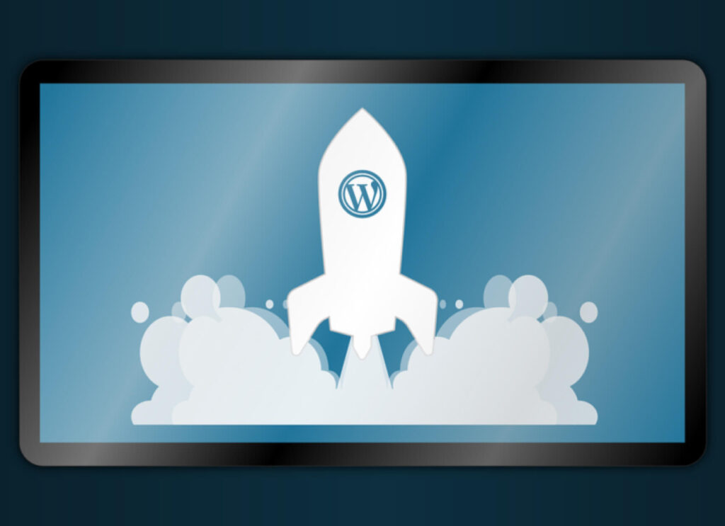 Illustration of a spaceship taking off with the WordPress logo