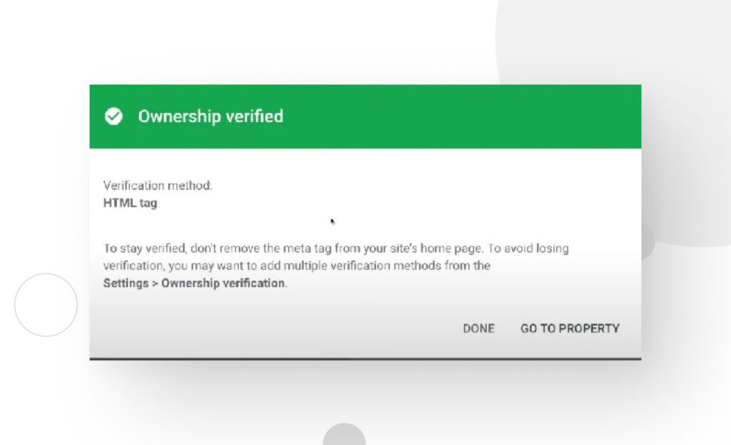 screen that verifies your website has been verified in Google Search Console