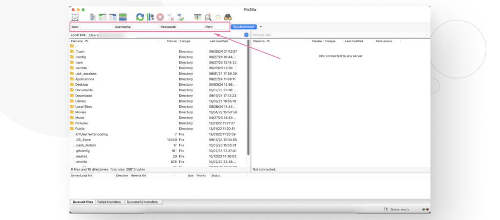 The FileZilla interface in Mac. An arrow highlights the fields you need to fill to connect via FTP