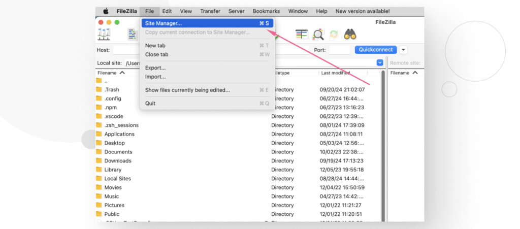FileZilla's Site Manager feature in Mac