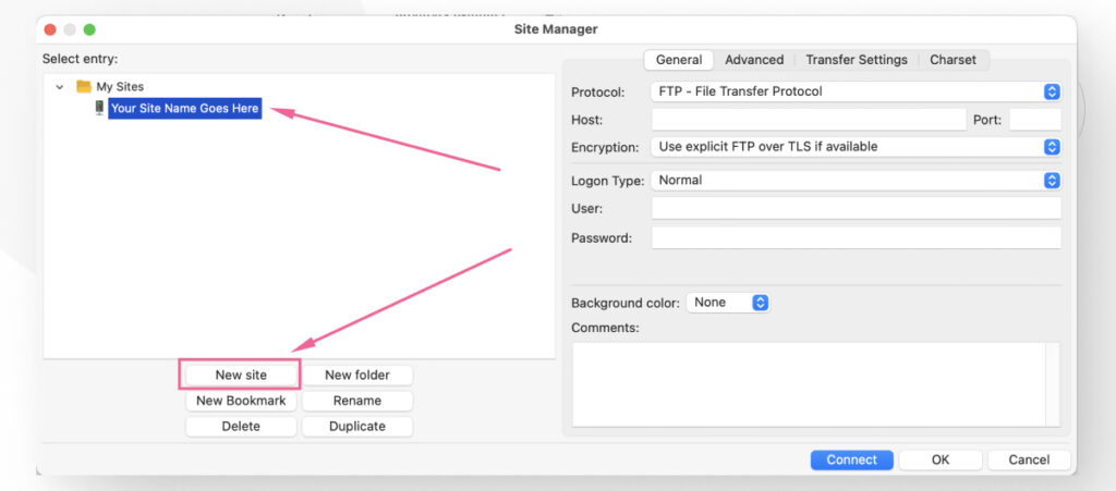 FileZilla's Site Manager feature in Mac. An arrow points to the dropdown menu that allows you to set the protocol you use to connect to a remote server