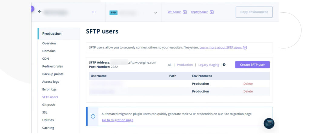 WP Engine's User Portal. The screen shows various 