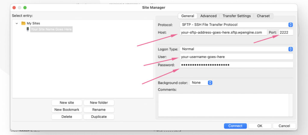 FileZilla's Site Manager feature in Mac. Arrows point to various fields the user needs to fill to connect to a remote server