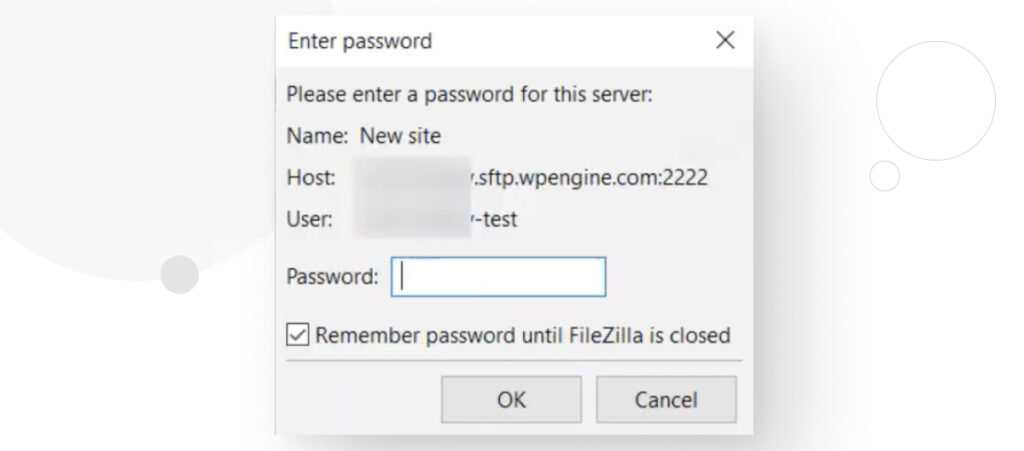 FileZilla interface. A small window prompting you to enter a password when trying to connect to a remote server