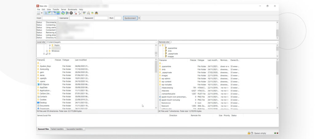 The FileZilla interface on Windows. The user is connected to a remote WP Engine server via SFTP