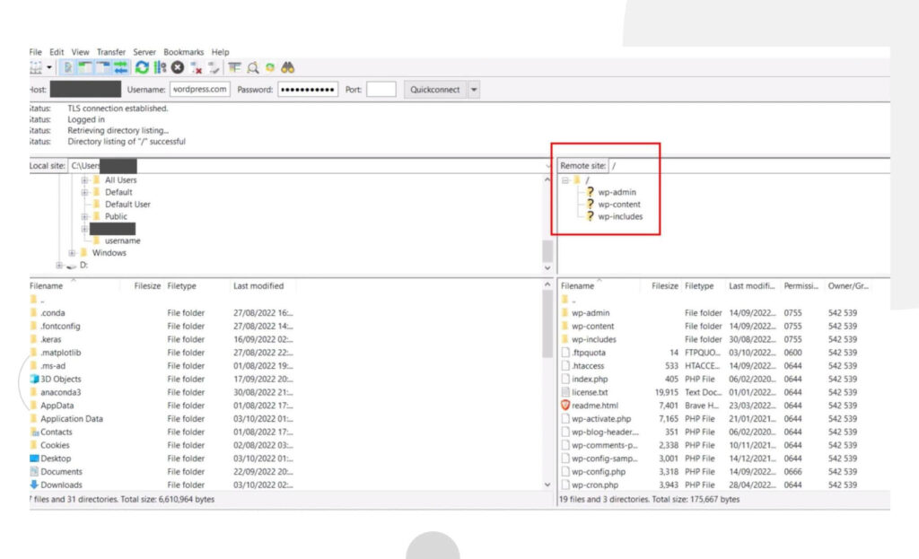 FileZilla screenshot highlighting the three main WordPress folders