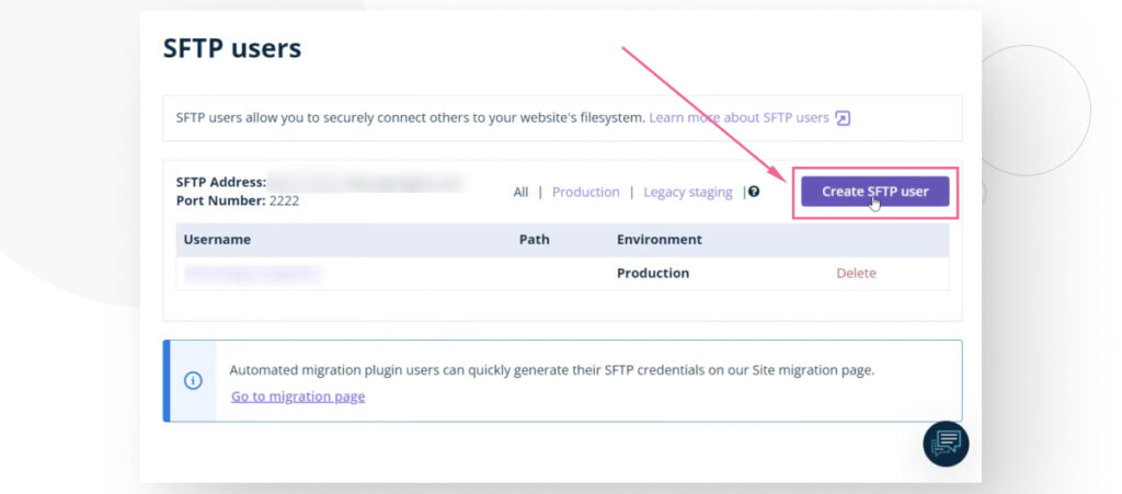 The SFTP Users section in WP Engine's User Portal. The arrow highlights the button to create a new SFTP user