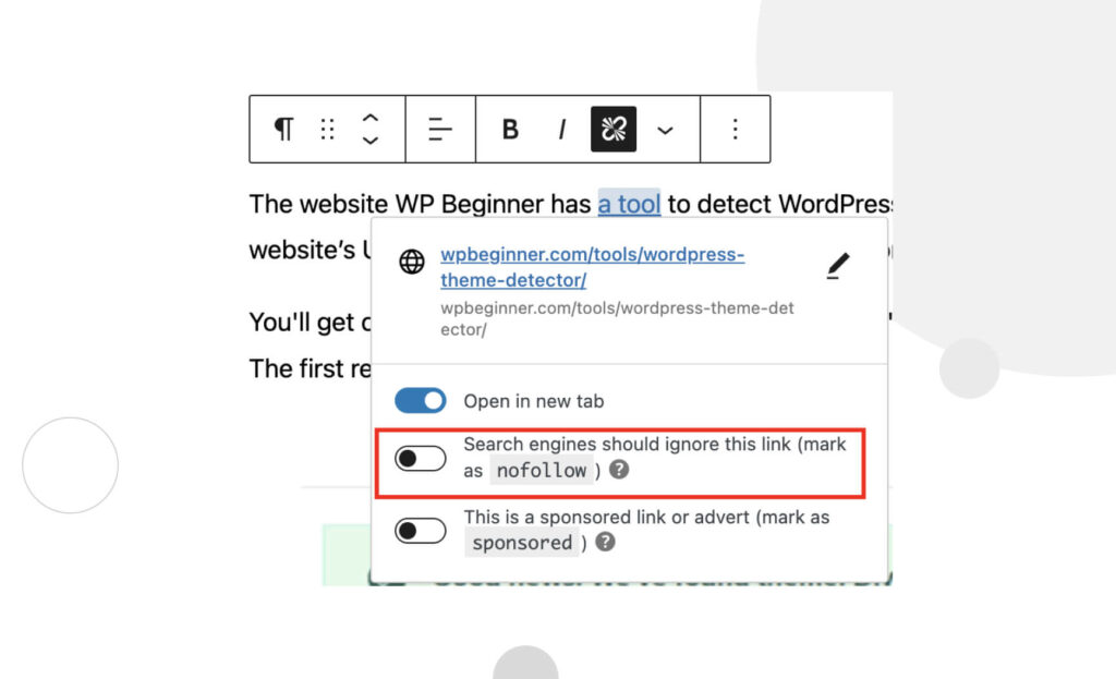 screenshot of WordPress editor highlighting an option