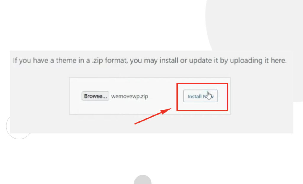 screenshot of instructions for manually installing a theme in WordPress