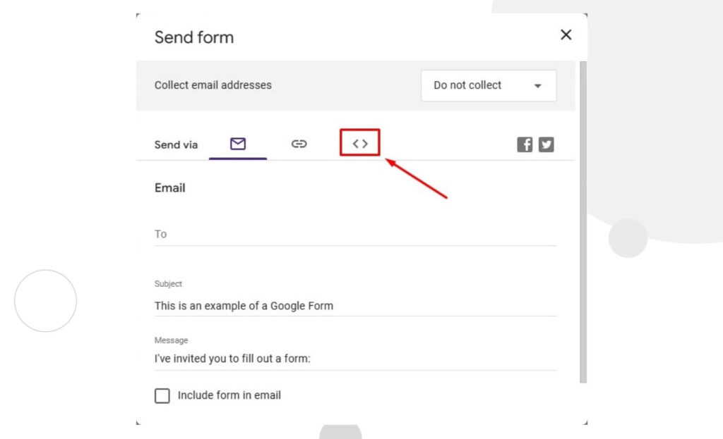 Screenshot of a Google Form's Embed HTML button