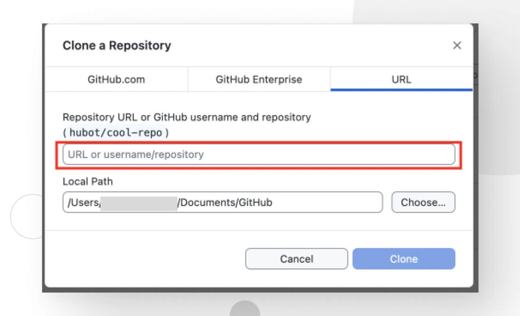 screenshot of GitHub Desktop while pasting the repository's URL