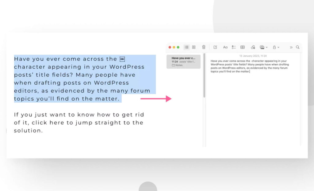 screencapture showing the process of copying text from WordPress to a notepad app