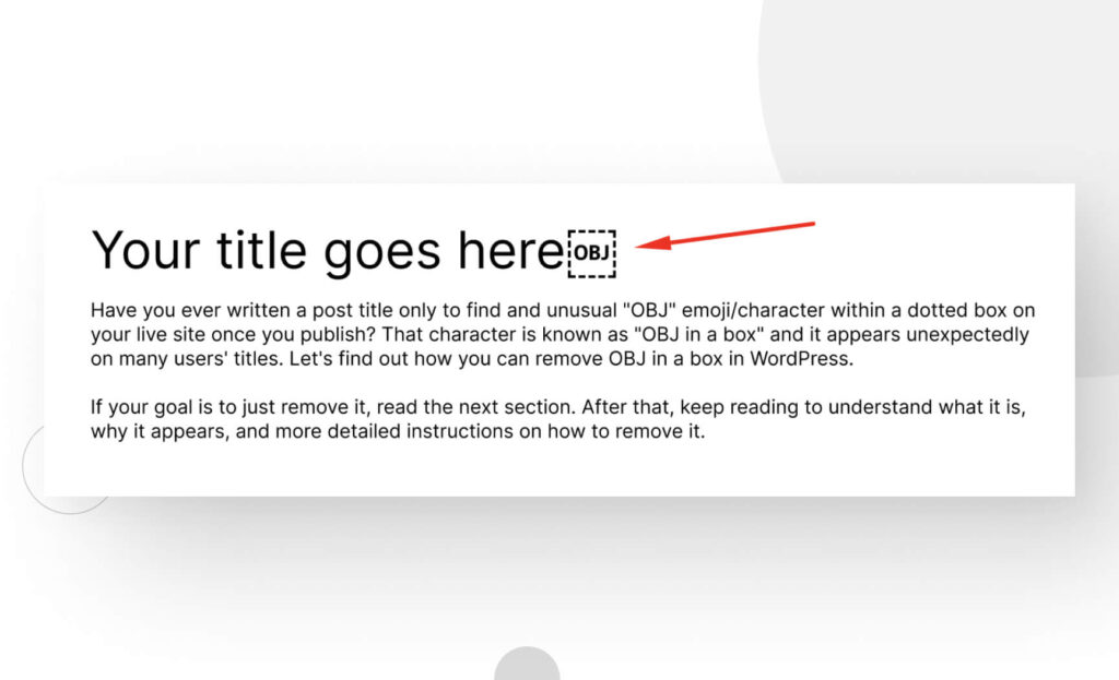 screenshot of WordPress post title with unwanted OBJ character