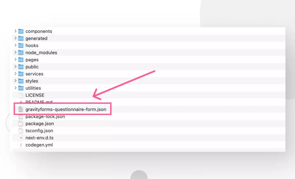 highlight of the "gravityforms-questionnaire-form.json" file in Mac's Finder