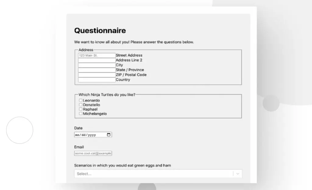 screenshot of a Gravity Forms questionnaire