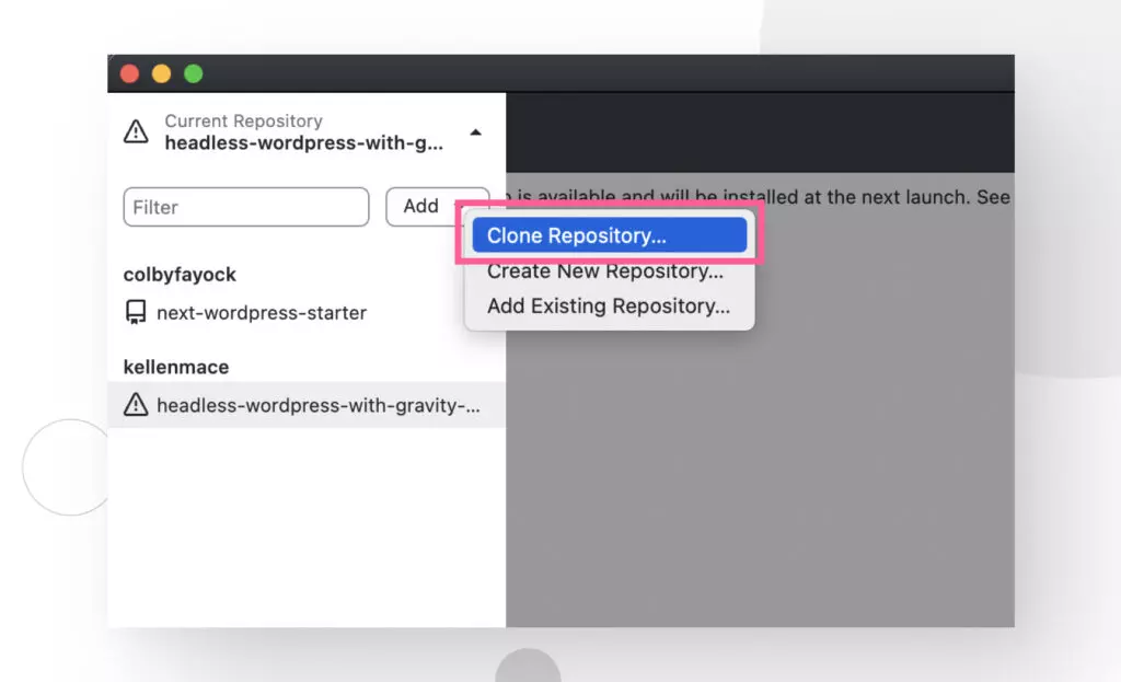 highlight of the "Clone Repository" button in GitHub Desktop