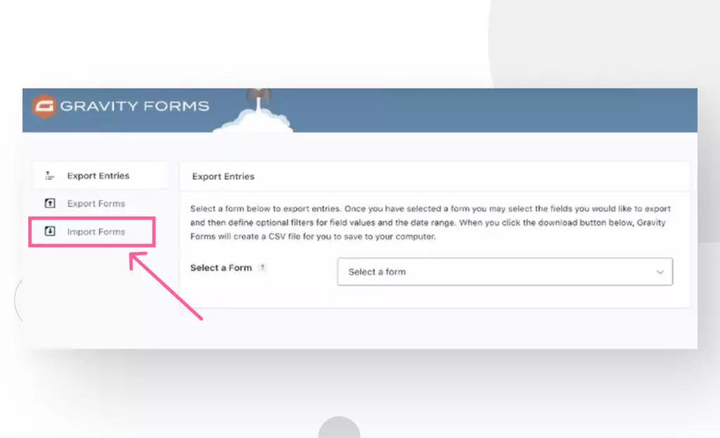 highlight of the "Import Forms" button in Gravity Forms settings