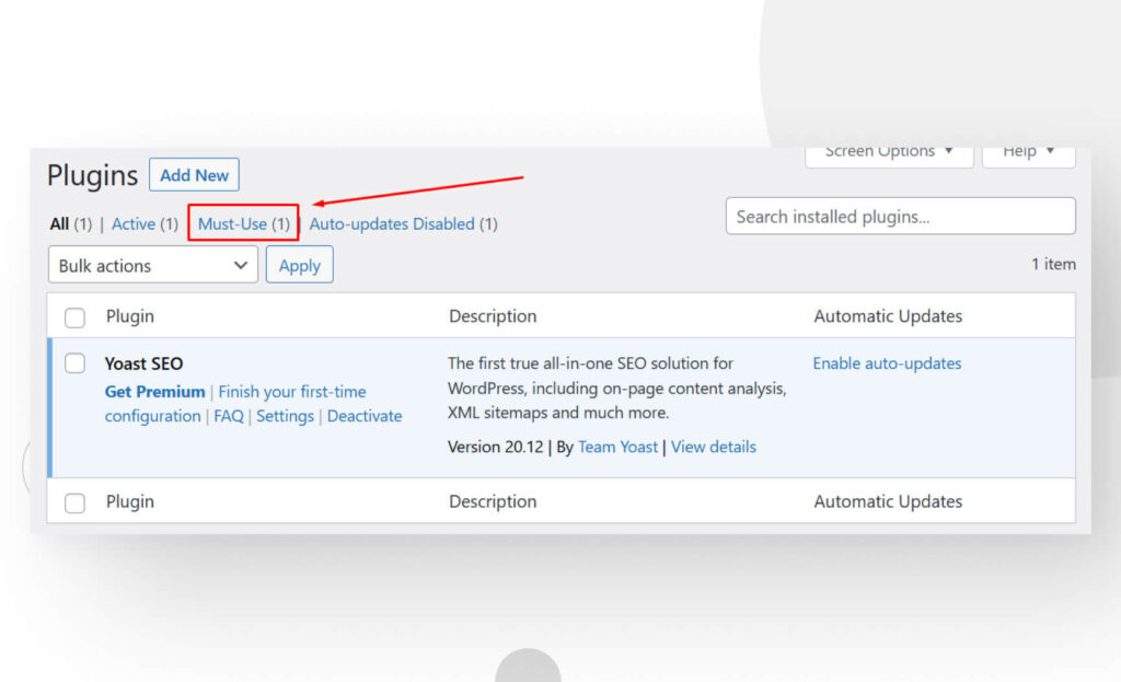 screenshot showing the Must-Use tab in the Plugins section