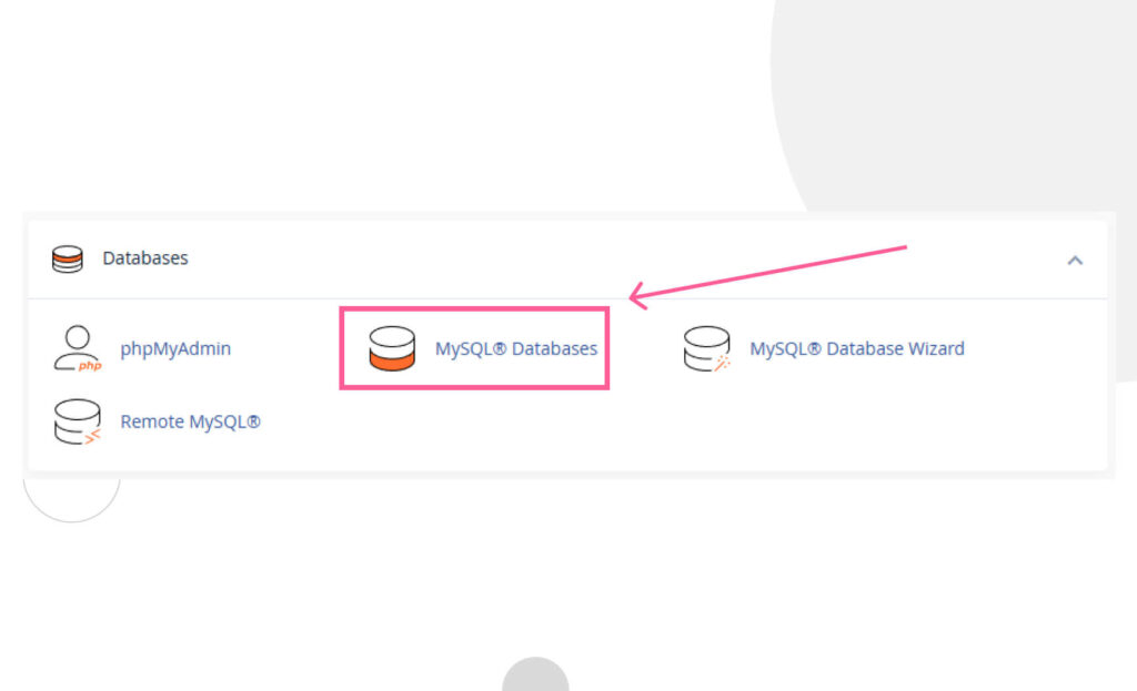 screenshot of cPanel Databases section, highlighting the MySQL Databases option