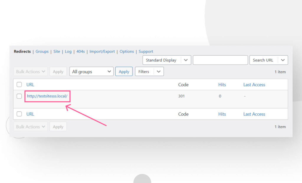 A new redirect in the Redirects tab in the Redirection plugin
