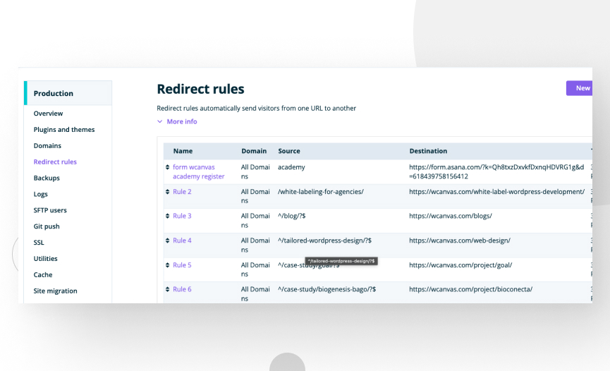 List of redirect rule in WP Engine