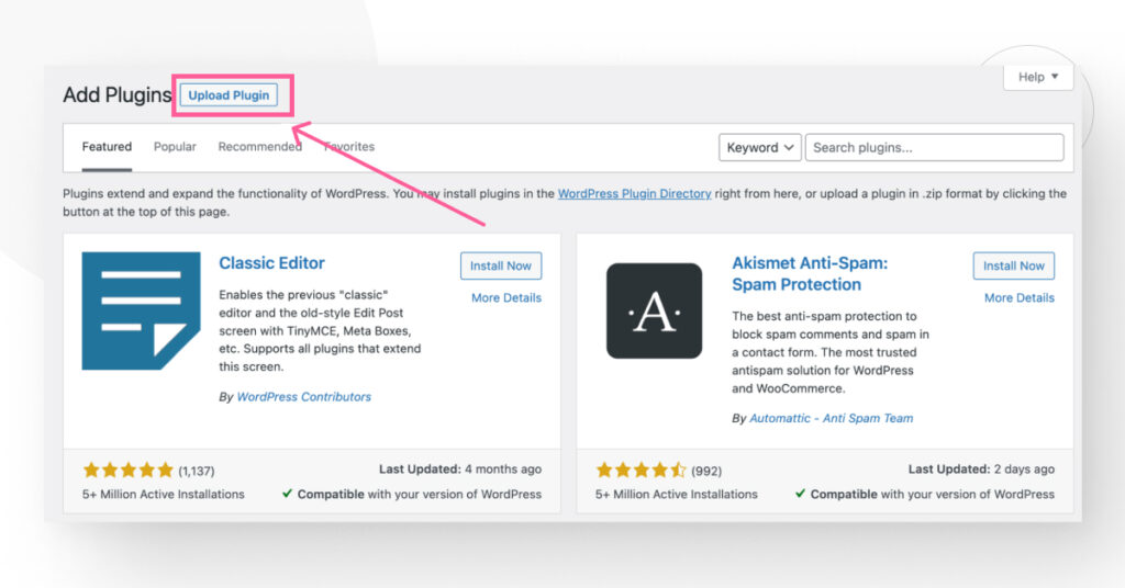 screenshot of WordPress's plugin library, pointing at Upload button