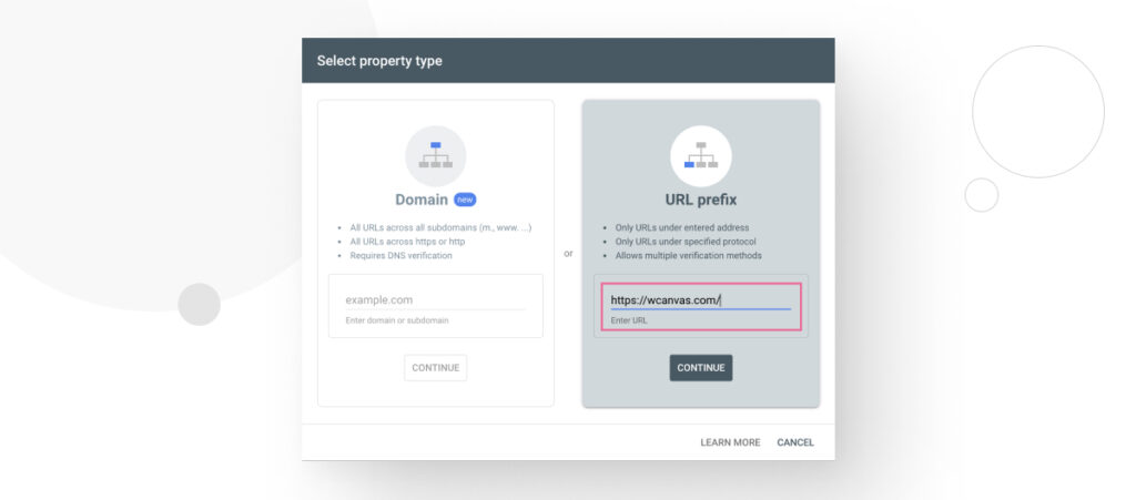 Selecting the property type in Google Search Console