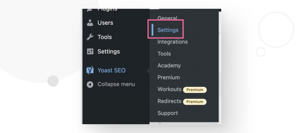 Yoast SEO's Settings button in the WordPress dashboard