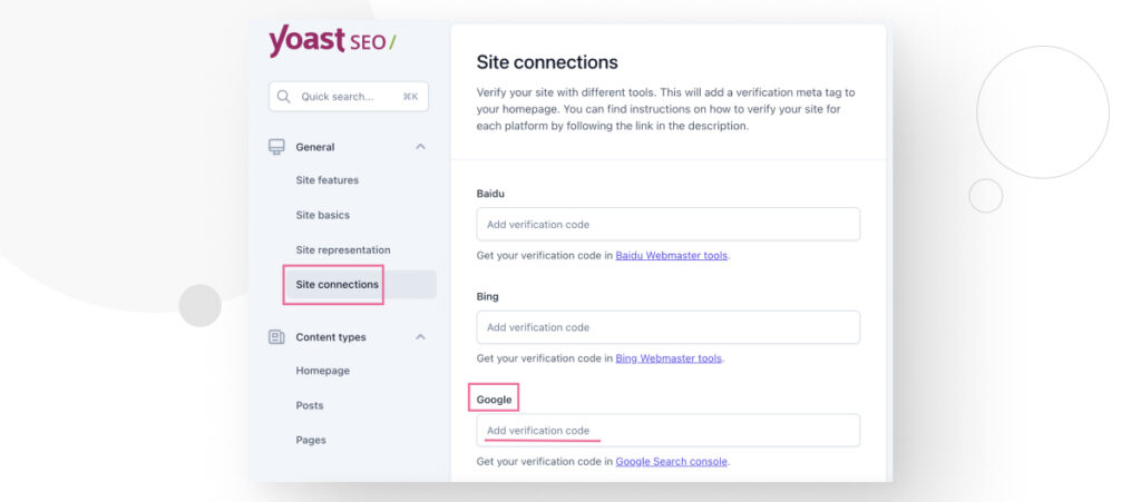 "Site connections" section in Yoast SEO's settings
