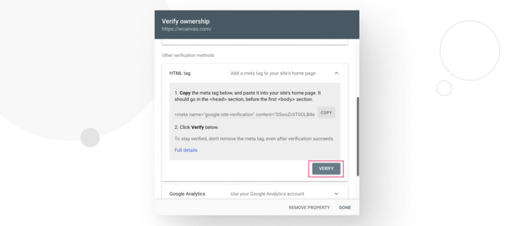 Final verification step to integrate Google Search Console with your WordPress site