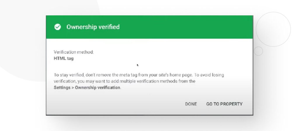 Successful ownership verification screen in Google Search Console