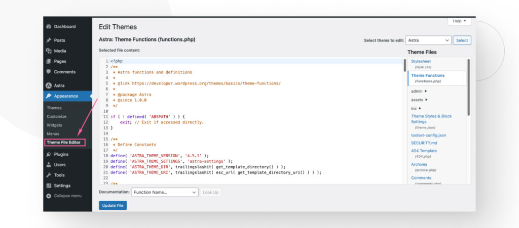 screenshot of the Theme File Editor