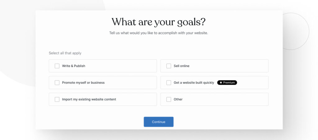 Select your goals for your WordPress.com site
