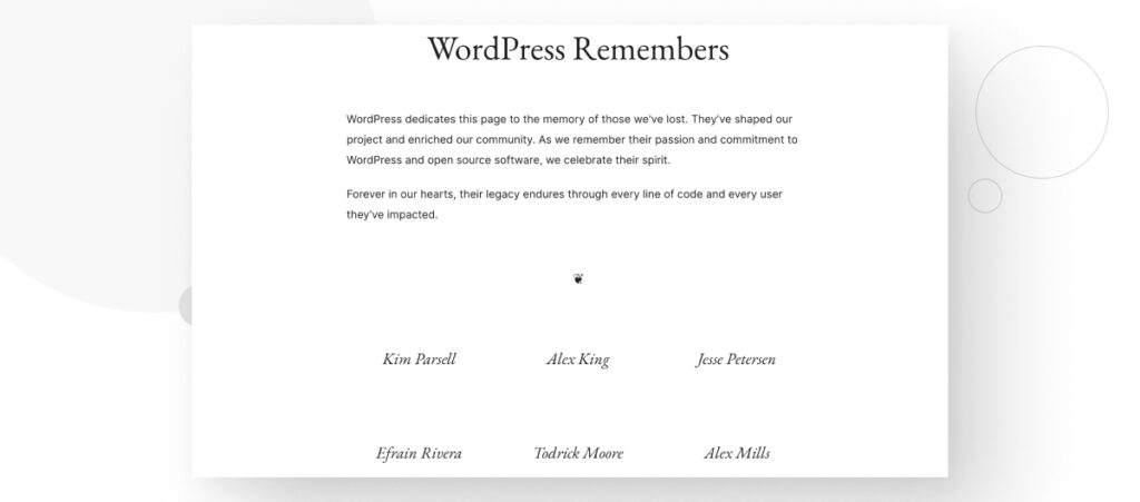Screenshot of WordPress Remembers, with a list of names from multiple community members who are no longer with us