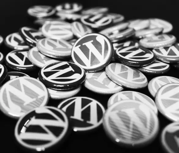 Several WordPress badges in black and white