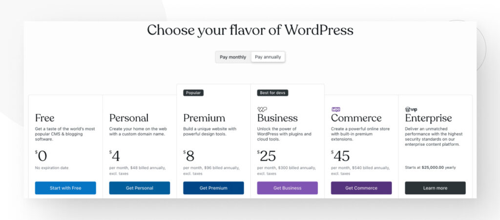 Choose your WordPress plan