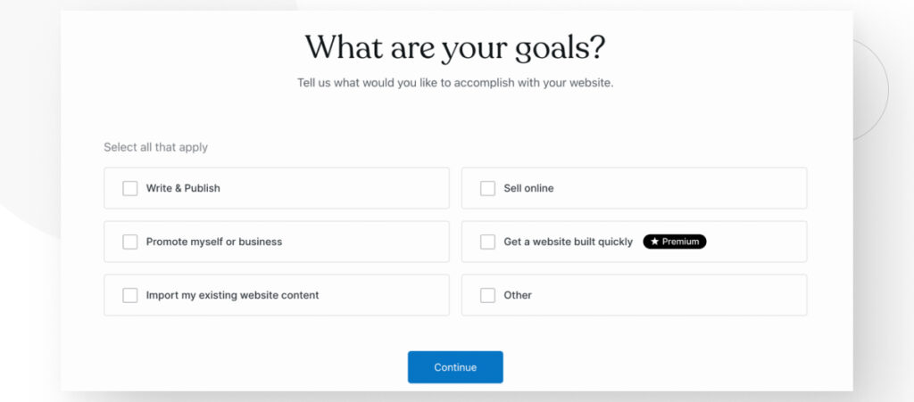 Select your goals for your WordPress.com site