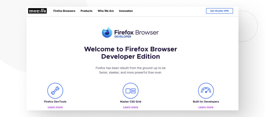 Firefox Developer Edition's front page