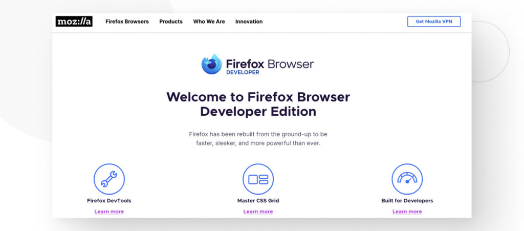 Página principal de Firefox Developer Edition