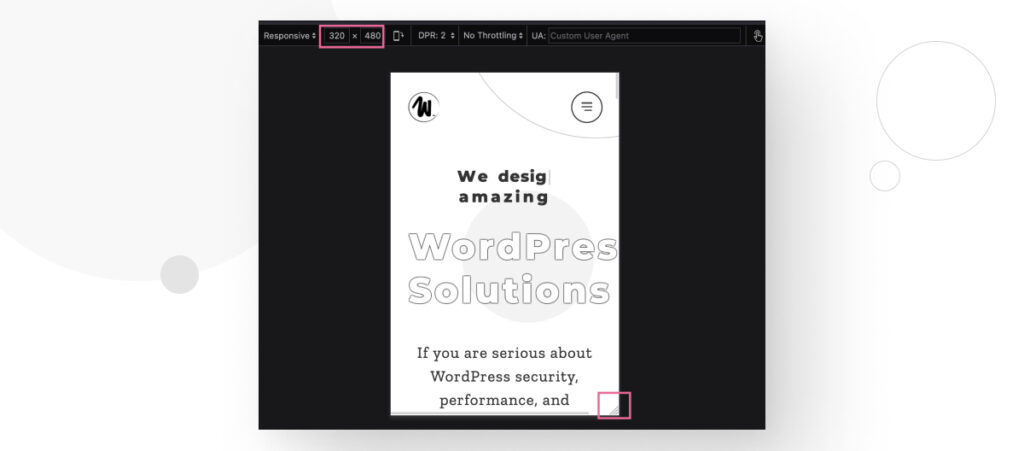 Firefox viewport size editing tool on a WordPress site