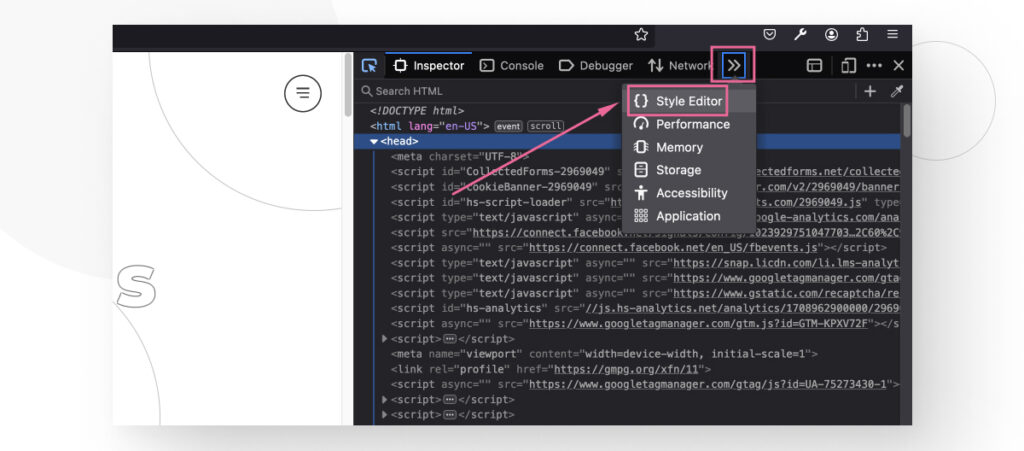Firefox's Style Editor button in the browser's dev tools