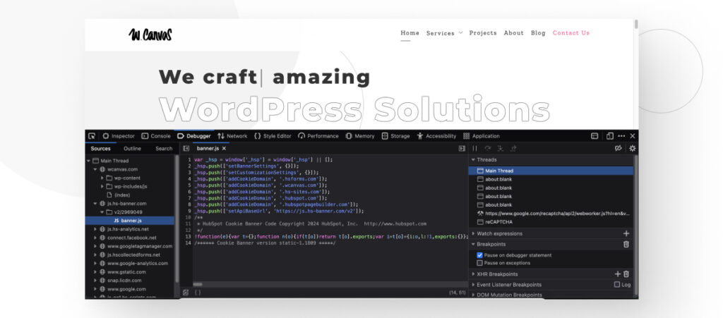 Firefox's Debugger feature on a WordPress site