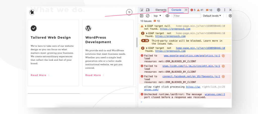 The Console section of Chrome's web dev tools