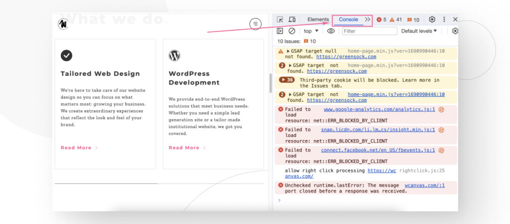 La sección de Consola de las herramientas de desarrollo web de Chrome