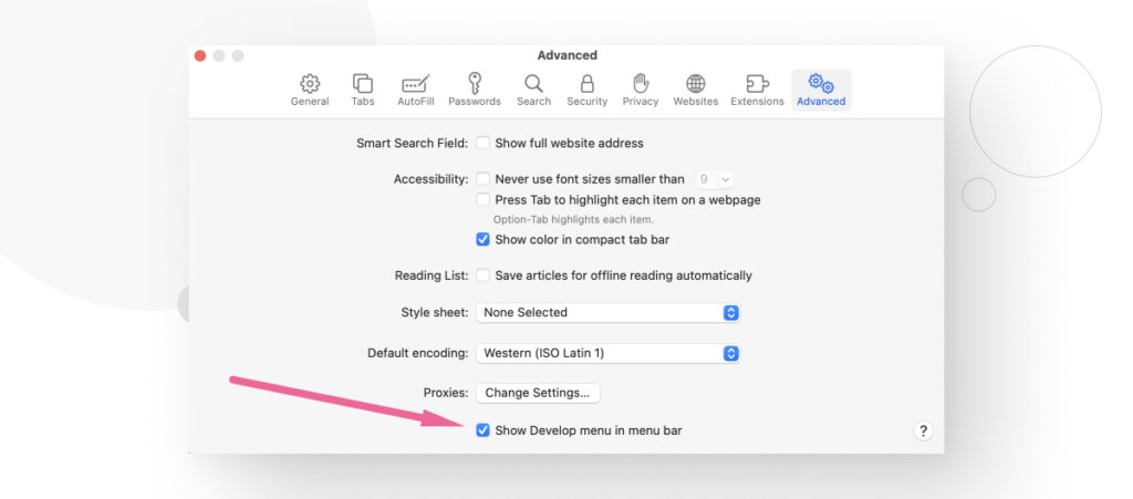 Flecha rosa señalando el botón "Mostrar Desarrollo en la barra de menú" en el navegador Safari