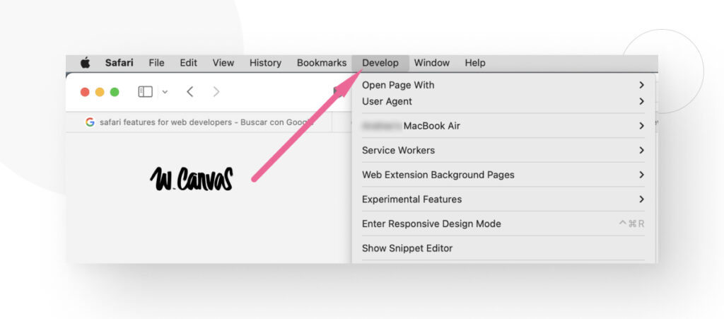 Pink arrow pointing at the Develop button in Safari's menu bar