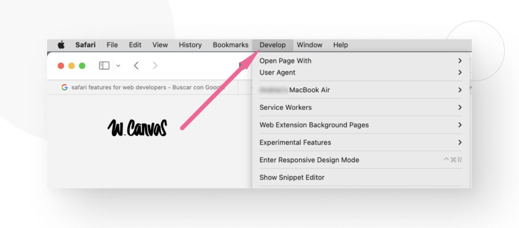 Flecha rosa apuntando al botón de Desarrollo en la barra de menú de Safari