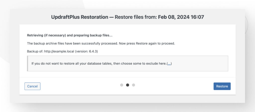 Click on Restore to confirm restoration